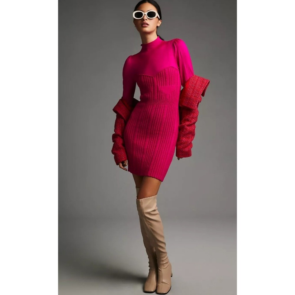 Anthropologie Turtleneck Mini Sweater Dress Pink Ribbed Bodycon Long Sleeve XS